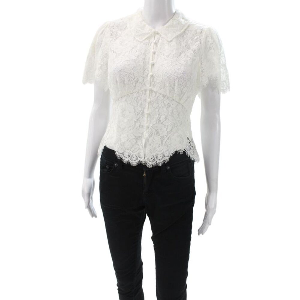 Doen Women Cropped Floral Lace Button Up Blouse Short Sleeve White Size S